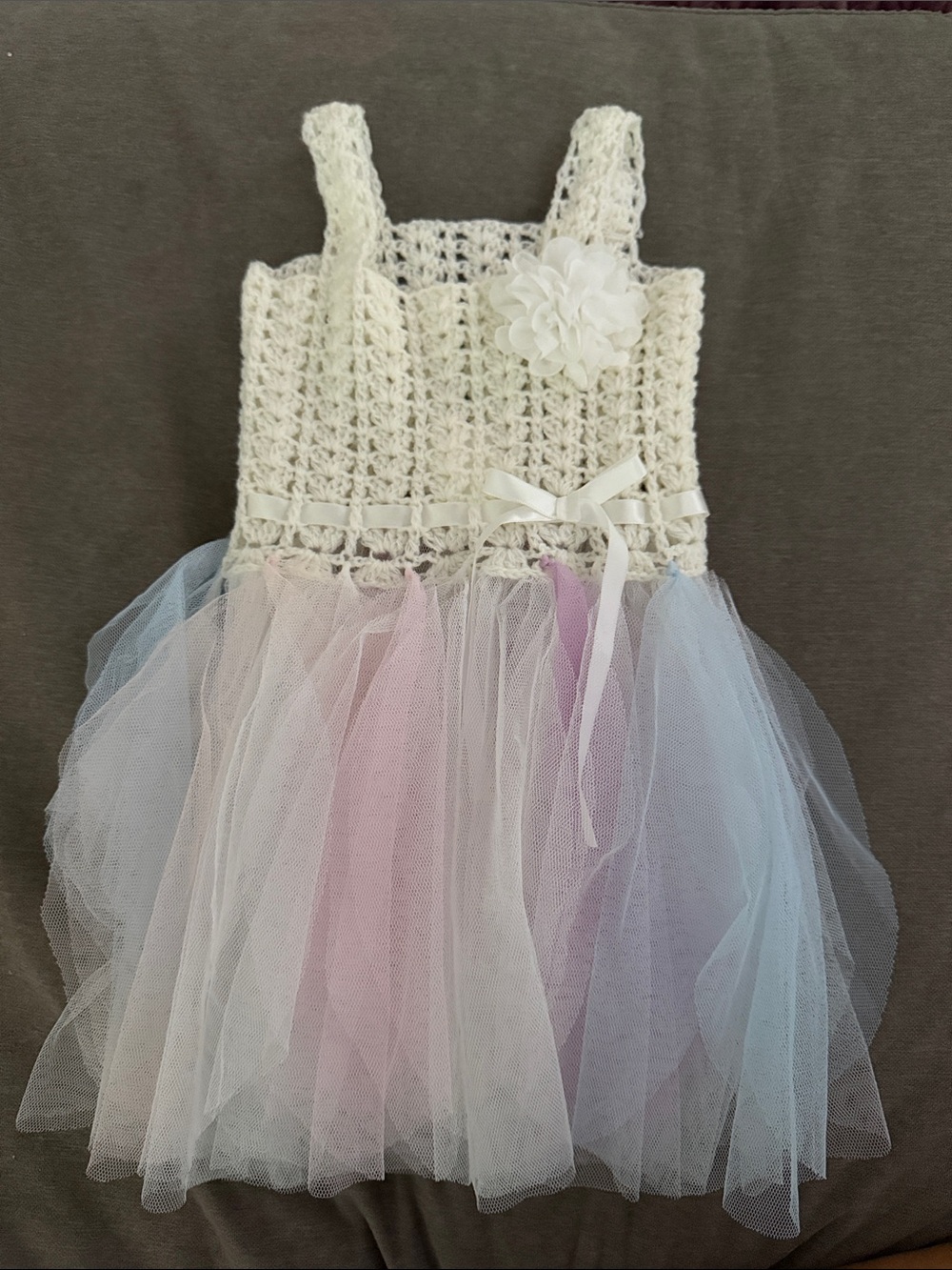 Crochet Bodice Multicolor Tulle Dress for Kids - Cream, Pink & Blue